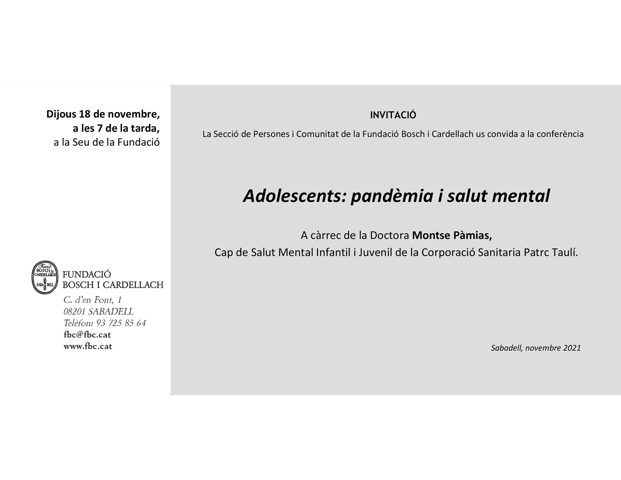 La Fundació Bosch i Cardellach us convida la conferència "Adolescents: pandèmia i salut mental"