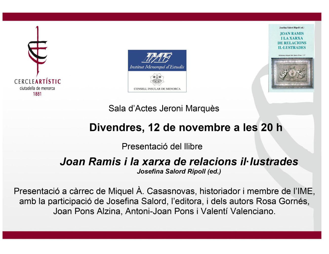 L'IME us convida a la presentació del llibre "Joan Ramis i la xarxa de relacions il·lustrades"